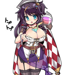  :o black_hair blue_eyes blush breasts cape commentary_request cowboy_shot female flask garter_straps hat helmine_(sennen_sensou_aigis) large_breasts long_hair mortarboard nemui_(nemui) round-bottom_flask sennen_sensou_aigis simple_background solo standing thighhighs white_background 