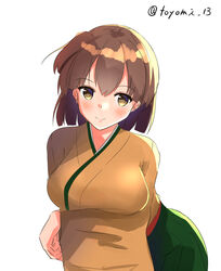  breasts brown_eyes brown_hair cowboy_shot female green_hakama hakama hakama_skirt hiryuu_(kancolle) japanese_clothes kantai_collection kimono large_breasts looking_at_viewer one-hour_drawing_challenge one_side_up short_hair simple_background skirt solo toyomi_13 twitter_username white_background yellow_kimono 