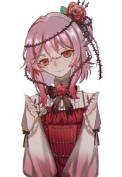  absurdres bow center_frills closed_mouth clothing_cutout female flower frills hair_between_eyes hair_flower hair_ornament highres long_sleeves looking_at_viewer miette_(mwi180510) nijisanji nijisanji_en pink_hair puffy_long_sleeves puffy_sleeves red_eyes red_flower red_rose rose rosemi_lovelock rosemi_lovelock_(1st_costume) short_sidetail shoulder_cutout solo virtual_youtuber white_background 