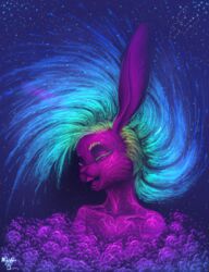  2018 absurd_res air_creature ambiguous_gender anthro blue_hair buckteeth bust_portrait closed_eyes cloud colorful_theme constellation cool_colors cosmic_background cosmic_being cosmic_hair detailed elemental_creature ethereal_hair eyelashes female_(lore) gradient_hair hair hi_res icon iridescent iridescent_hair lagomorph leporid living_cloud long_ears mammal mushbun mushbun_(character) nebula open_mouth open_smile pink_body portrait rabbit smile solo star starry_background teeth translucent translucent_body 