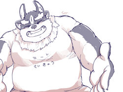  3_eyes 4:3 5_fingers anthro cddi_h closed_eyes clothed clothing fingers fur grey_body grey_fur humanoid_hands lifewonders male monster multi_eye multicolored_body multicolored_fur musclegut muscular muscular_anthro muscular_male shirt signature simple_background slightly_chubby slightly_chubby_male smile solo tokyo_afterschool_summoners topwear tsathoggua_(tas) two_tone_body two_tone_fur white_background white_body white_fur 