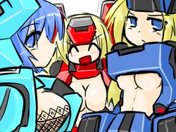  3girls ^_^ blonde_hair blue_eyes blue_hair breasts cleavage closed_eyes cosmic_break crimrose large_breasts lazflamme lily_rain lowres mecha_musume medium_breasts multiple_girls mutsuki_(suzumayu) open_mouth revealing_clothes sideboob underboob 