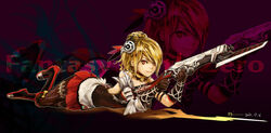  bayonet blonde_hair boots commentary_request fantasy_earth_zero female gloves gun hair_ornament looking_at_viewer opiu orange_eyes photoshop_(medium) skirt smile solo weapon zoom_layer 