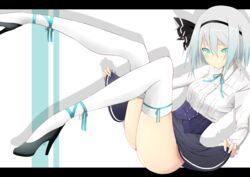  ankle_ribbon aqua_eyes bad_id bad_pixiv_id black_ribbon black_skirt blue_ribbon female grey_hair hair_between_eyes hair_ribbon high_heels highres konpaku_youmu leg_ribbon looking_at_viewer meme_attire neck_ribbon no_panties ribbon ribbon-trimmed_legwear ribbon_trim shinotsuku shirt short_hair sitting skirt skirt_hold solo suiu_shinotsuku thighhighs touhou virgin_killer_outfit white_shirt white_thighhighs 