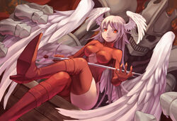  angel_wings bad_id bad_pixiv_id boots breasts clothing_cutout crossed_legs dual_persona dutch_angle female final_fantasy final_fantasy_tactics gloves grey_hair hatomune6 head_wings high_heel_boots high_heels highleg highleg_leotard holding holding_weapon leotard long_hair looking_at_viewer medium_breasts red_eyes red_footwear red_leotard red_thighhighs sitting size_difference skeleton smile solo sword thigh_boots thighhighs turtleneck ultima_(fft) underboob underboob_cutout very_long_hair weapon wings 