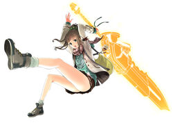  absurdres artist_request ass backpack bag brown_hair female full_body god_eater god_eater_resonant_ops green_eyes highres holding holding_weapon huge_weapon jacket looking_at_viewer official_art open_clothes open_jacket open_mouth photoshop_(medium) pleated_skirt scarf shirt shoes short_ponytail skirt sneakers socks solo weapon white_background 