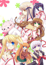  6+girls arm_ribbon black_dress black_hair black_legwear blazer blonde_hair blue_eyes bow_legwear braid brown_hair chibi-moth commentary_request dress eyepatch flower frills fuyuichi green_eyes hair_flower hair_intakes hair_ornament hair_ribbon highres jacket kagari_(rewrite) kanbe_kotori kazamatsuri_institute_high_school_uniform konohana_lucia lace long_hair long_sleeves looking_at_viewer multiple_girls nakatsu_shizuru ootori_chihaya open_mouth orange_hair photoshop_(medium) plaid plaid_skirt ponytail purple_eyes rewrite ribbon school_uniform senri_akane short_hair skirt smile thighhighs twin_braids twintails white_hair white_legwear yellow_eyes 