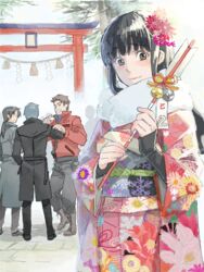  3boys arrow_(projectile) bell black_hair blush boots brown_eyes commentary_request female flower grey_hair hair_flower hair_ornament hamaya himeno_mikoto himuro_hitoshi holding indesign jacket japanese_clothes kaga_tsuyoshi kaii_shoukougun kimono kirisaki_shouta looking_at_viewer multiple_boys open_mouth pants rope shadow shimenawa shoes short_hair short_ponytail sidelocks standing torii tree wavy_mouth 