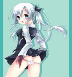  allen_walker ass bad_id bad_pixiv_id blue_eyes bow breasts butt_crack commentary_request covered_nipples d.gray-man female genderswap_(mtf) long_hair looking_at_viewer looking_back medium_breasts open_mouth panties panty_pull ponytail rule_63 sagami_rin silver_hair solo underwear white_panties 