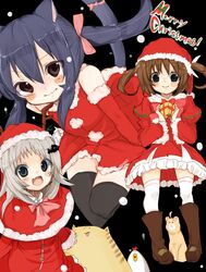  3girls animal_ears bat_hair_ornament bird black_hair blonde_hair blue_eyes bow brown_eyes brown_hair cat_ears chicken christmas commentary_request crossover doruji feline ferret hair_ornament hirasawa_yui k-on! little_busters! long_hair lyrical_nanoha mahou_shoujo_lyrical_nanoha multiple_girls nakano_azusa natsu_(norari_kurari) noumi_kudryavka oerba_yun_fang pink_bow santa_costume takamachi_nanoha thighhighs twintails yuuno_scrya 