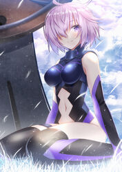  ahoge armor arms_at_sides bare_shoulders black_leotard black_thighhighs blurry bokeh breasts closed_mouth clothing_cutout cloud cloudy_sky commentary_request day depth_of_field elbow_gloves fallstreak_hole fate/grand_order fate_(series) female from_side full_body gloves grass groin hair_over_one_eye halterneck hip_focus impossible_clothes impossible_leotard leotard light_smile looking_at_viewer looking_to_the_side lord_camelot_(fate) mash_kyrielight md5_mismatch medium_breasts navel navel_cutout on_ground outdoors petals purple_eyes purple_gloves purple_hair senoo_aoi shield short_hair sitting skin_tight sky smile solo stomach thigh_strap thighhighs thighs turtleneck wariza 