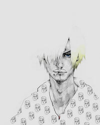  1boy blonde_hair blue_eyes cigarette facial_hair goatee graphite_(medium) hair_over_one_eye looking_at_viewer male male_focus moustache mouth_hold one_piece pencil_(medium) roronoa_zoro sanji smoking solo spot_color traditional_media 