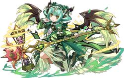  aqua_hair astaroth_(p&amp;d) blush_stickers cauchemar_(p&amp;d) commentary_request dress feathered_wings female fishnet_gloves fishnets gloves green_dress hairband headdress official_art open_mouth puzzle_&amp;_dragons see-through short_hair smile solo sparkle staff wings yellow_eyes 