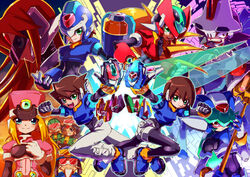  3girls 6+boys aile_(mega_man_zx) android arm_cannon armor bad_id bad_pixiv_id biometal blonde_hair blue_eyes blue_helmet blush bodysuit breasts brother_and_sister brown_hair dress energy_sword girouette_(mega_man) gloves green_eyes hat helmet lance medium_breasts mega_man_(series) mega_man_zx model_f_(mega_man) model_h_(mega_man) model_l_(mega_man) model_p_(mega_man) model_w_(mega_man) model_x_(mega_man) model_z_(mega_man) model_zx_(mega_man) multiple_boys multiple_girls pandora_(mega_man) pants polearm ponytail prairie_(mega_man) prometheus_(mega_man) red_eyes red_helmet robot_ears shirt short_hair shorts siblings smile spandex suteito sword vent_(mega_man) visor weapon 