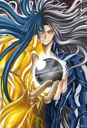  1boy armor blue_hair brothers commentary_request fusion gemini_aspros gemini_defteros gold_armor gold_saint grey_hair heterochromia highres male_focus rxgdo saint_seiya saint_seiya:_the_lost_canvas siblings solo twins 