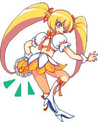  boots bow commentary_request cure_sunshine female heartcatch_precure! instrument knee_boots long_hair lowres magical_girl md5_mismatch myoudouin_itsuki orange_bow orange_skirt pixel_art precure shiny_tambourine_(heartcatch_precure!) skirt solo tambourine very_long_hair white_background yoshihiko_(eris0424) 