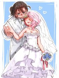  1boy ^_^ alisa_boskonovich antenna_hair bad_id bad_pixiv_id bare_shoulders black_hair blue_eyes bouquet breasts bridal_veil cleavage closed_eyes couple dress female flower groom hair_flower hair_ornament happy height_difference multicolored_hair pink_hair red_hair scar sergei_dragunov straight strapless strapless_dress tekken two-tone_hair veil wedding_dress yuki_(emu140502) 