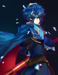  armor artist_name belt blue_cape blue_hair cape closed_mouth cowboy_shot facing_viewer female fingerless_gloves fire_emblem fire_emblem_awakening from_side gloves long_sleeves lucina_(fire_emblem) marth_(fire_emblem_awakening) mask ohteatime pauldrons shoulder_armor solo sword triangle weapon 