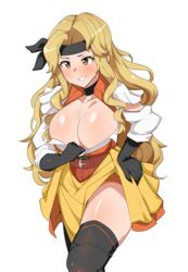  1girls absurdres alternate_costume bare_thighs belt black_gloves blonde_hair blush breasts brigid_(fire_emblem) brigid_(pirate)_(fire_emblem) brown_eyes choker cleavage commission dress female fire_emblem fire_emblem:_genealogy_of_the_holy_war fire_emblem_heroes gloves grin hand_on_hip headband highres huge_breasts large_breasts long_hair nintendo pirate seductive seductive_smile seihekiog smile solo solo_female teasing thighhighs thighs undressing wavy_hair 