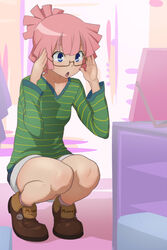  :o adjusting_eyewear blue_eyes blush character_name commentary_request female full_body glasses kyoudyu open_mouth pink_hair pink_theme ponytail semi-rimless_eyewear shoes short_hair shorts simple_background solo squatting star_driver under-rim_eyewear you_mizuno 