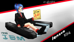  absurdres anomonny bad_id bad_pixiv_id blue_hair female formal glasses highres ibm necktie personification semi-rimless_eyewear skirt suit thinkpad 