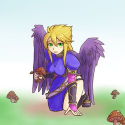  angel_wings blonde_hair blush boots breasts breath_of_fire breath_of_fire_ii bridal_gauntlets commentary_request dress feathered_wings female green_eyes knee_boots large_breasts large_wings legs long_hair long_legs mushroom nina_(breath_of_fire_ii) no_panties purple_wings side_slit sidelocks solo torisei8 wings 