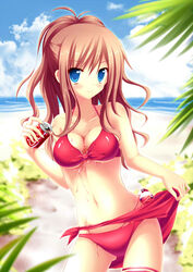  beach bikini blue_eyes brown_hair can clothes_lift commentary_request drink_can female hilda_(pokemon) long_hair nanairo_fuusen navel outdoors pokemon pokemon_bw ponytail red_sarong sarong sarong_aside sarong_lift soda_can solo swimsuit 