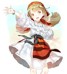  :d blonde_hair brown_eyes brown_hair commentary dress female highres lasa_(lasa1116) long_hair low_twintails open_mouth original outstretched_arms outstretched_hand puffy_short_sleeves puffy_sleeves romania romanian_clothes romanian_text short_sleeves smile solo spread_arms traditional_clothes twintails yellow_eyes 