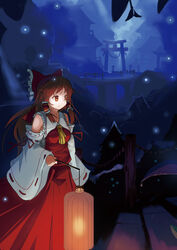  absurdres bad_id bad_pixiv_id bare_shoulders bow brown_eyes brown_hair detached_sleeves female hair_tubes hairbow hakurei_reimu highres lantern paper_lantern red_bow smile solo terric touhou 