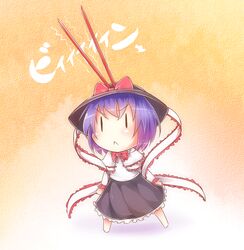  :&lt; bikuseno bow chibi commentary_request female frills hat nagae_iku purple_hair ribbon shawl short_hair solo touhou yellow_background 