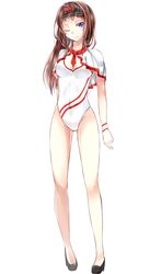  absurdres artist_request blue_eyes brown_hair capelet character_request female high_heels highres kurenai_mugetsu leotard long_hair mukaido_manaka nagi_no_asukara race_queen simple_background solo wink 