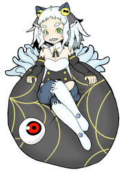  bare_shoulders breasts buraninn chaos_code commentary crossed_legs cthylla_(chaos_code) detached_collar detached_sleeves eyeball female green_eyes grin multicolored_eyes over-kneehighs sharp_teeth sitting small_breasts smile solo teeth thighhighs white_hair yellow_eyes 