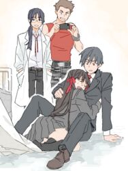  3boys belt black_hair brown_hair cellphone collared_shirt commentary_request crying female formal glasses grey_hair hair_ornament hair_ribbon himeno_mikoto himuro_hitoshi holding hug indesign kaga_tsuyoshi kaii_shoukougun kaii_shoukougun_1 kirisaki_shouta lab_coat long_hair multiple_boys necktie on_ground outline pants phone red_necktie red_ribbon ribbon school_uniform serafuku shirt shoes short_hair short_ponytail sidelocks skirt tears thighhighs white_outline zettai_ryouiki 