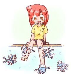  6+girls aizawa_eiko barefoot brown_eyes commentary_request fish_pedicure ikamusume mini-ikamusume mini_person minigirl multiple_girls red_hair sakaguchi_misaki shinryaku!_ikamusume shirt soaking_feet t-shirt tentacle_hair water 