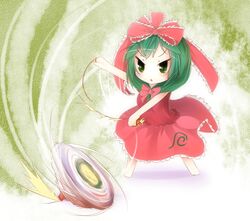  beyblade beyblade_(object) bikuseno bow chibi commentary_request dress female frills front_ponytail green_background green_eyes green_hair hair_ornament hair_ribbon hairbow kagiyama_hina long_hair ribbon solo spinning_top touhou 