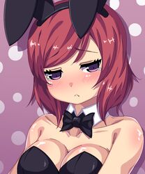  :&lt; animal_ears blush breasts cleavage commentary_request detached_collar fake_animal_ears female highres love_live! love_live!_school_idol_project medium_breasts natsumyun nishikino_maki playboy_bunny purple_background purple_eyes rabbit_ears red_hair short_hair solo tears 