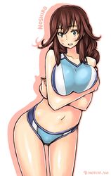  absurdres bare_shoulders blue_eyes blush braid breasts brown_hair character_name collarbone cowboy_shot highres kantai_collection large_breasts long_hair looking_at_viewer midriff navel noshiro_(kantai_collection) notchi simple_background solo twin_braids twitter_username white_background 