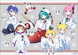  2boys 4girls :d animal aqua_eyes aqua_hair blonde_hair blue_eyes blue_hair brown_eyes brown_hair chibi clothed_animal commentary_request copyright_notice daifuku food fruit full_body hair_bun hair_ornament hakama hakama_skirt hakusai_(tiahszld) hatsune_miku hood ichigo_daifuku japanese_clothes kagamine_len kagamine_rin kaito_(vocaloid) kimono long_hair looking_at_viewer matching_outfits megurine_luka meiko_(vocaloid) mochi multiple_boys multiple_girls official_alternate_costume official_art open_mouth photoshop_(medium) purple_eyes purple_hair rabbit rabbit_yukine short_hair single_hair_bun skirt smile snow_rabbit snowflakes standing strawberry uchikake vocaloid wagashi wataboushi yuki_kaito yuki_len yuki_luka yuki_meiko yuki_miku yuki_miku_(2013) yuki_rin yukimi_daifuku_(food) 