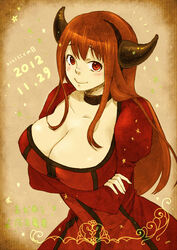  blush breast_hold breasts brown_hair choker commentary_request crossed_arms dated dress fake_horns female hairband horns huge_breasts kingfrogs long_hair maou_(maoyuu) maoyuu_maou_yuusha red_dress red_eyes smile solo 