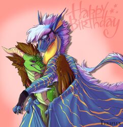  ambiguous_gender birthday blue_hasia dragon duo eyewear feathered_wings feathers feral goggles hair hi_res horn hug male membrane_(anatomy) membranous_wings mythological_creature mythological_scalie mythology scalie smile tail teeth tenaflux wings yogoloth 