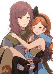  2girls :d arisuke_(natuyan) bad_id bad_pixiv_id black_gloves blush brown_eyes carrying dress fingerless_gloves fingernails gloves granblue_fantasy grin hairband highres long_hair multiple_girls open_mouth orange_hair pink_hair princess_carry sara_(granblue_fantasy) simple_background smile teeth volenna white_background 