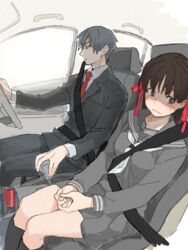  1boy black_eyes black_hair blush can car car_interior collarbone collared_shirt commentary_request driving female formal grey_hair hair_ornament hair_ribbon himeno_mikoto himuro_hitoshi indesign kaii_shoukougun kaii_shoukougun_1 long_hair motor_vehicle necktie pants red_necktie red_ribbon ribbon school_uniform seatbelt serafuku shirt short_hair sidelocks skirt steering_wheel sweatdrop thighhighs zettai_ryouiki 