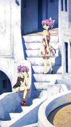  2girls :&gt; :d blue_eyes casual djmax djmax_portable earrings hair_ornament hair_ribbon highres jewelry ladymade_star looking_at_viewer multiple_girls nina_klatt open_mouth purple_hair ribbon sandals sehra_klatt siblings side_ponytail sisters sitting smile stairs standing steepled_fingers twins yuuki_tatsuya 