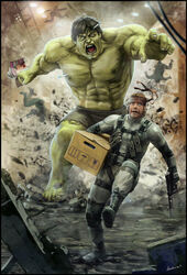  2boys 3others angry assault_rifle bandana bodysuit box bruce_banner bullpup carrying chasing colored_skin commentary crossover dart destruction english_commentary famas fleeing gloves green_skin gun handgun headband highres hokunin holding holding_box hulk ladder male_focus marvel md5_mismatch metal_gear_(series) metal_gear_solid multiple_boys multiple_others playboy product_placement realistic resolution_mismatch rifle running scared signature sneaking_suit soldier solid_snake source_larger tranquilizer_dart turn_pale weapon you_gonna_get_raped 