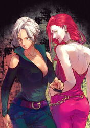  2girls ass back backless_outfit bare_shoulders belt breasts commentary_request denim ear_piercing green_eyes hebi_utage highres large_breasts lipstick long_hair looking_at_viewer looking_back makeup multiple_girls original pale_skin pants partial_commentary piercing pointing pointing_at_viewer red_hair short_hair sideboob tan white_eyes white_hair 