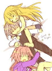  2boys akafuku_pukoemon astolfo_(fate) astolfo_(memories_at_trifas)_(fate) bad_id bad_pixiv_id barefoot bisexual_male black_pants blonde_hair closed_eyes commentary_request fate/apocrypha fate_(series) female grey_hair highres hood hooded_jacket hug hugging_own_legs jacket jeanne_d&#039;arc_(fate) jeanne_d&#039;arc_(ruler)_(fate) long_hair long_sleeves lying lying_on_another lying_on_person multiple_boys no_legwear on_back on_side open_clothes open_jacket otoko_no_ko pants pink_hair purple_jacket saliva shirt short_shorts shorts sieg_(fate) sleeping sleeping_on_person sleeveless sleeveless_shirt very_long_hair waistcoat white_shirt 