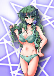  adjusting_hair aqua_bra bra breasts cleavage commentary_request female fue_(fuef) green_eyes green_hair hair_ornament hair_tubes hand_on_own_hip highres holding holding_own_hair kochiya_sanae large_breasts lingerie long_hair messy_hair navel panties smile snake_hair_ornament solo star_(symbol) thigh_gap touhou underwear underwear_only 