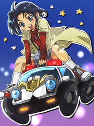  1boy alternate_form blue_eyes blue_hair car chibi coat commentary_request deckerd happy imosaku male_focus motor_vehicle on_vehicle open_mouth police_car riding shoes shorts sneakers socks star_(symbol) suspenders tomonaga_yuuta yuusha_keisatsu_j-decker yuusha_series 