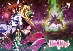  4girls back-to-back bardiche_(nanoha) blonde_hair bow brown_hair character_request closed_eyes commentary_request fate_testarossa fingerless_gloves gloves green_eyes hair_ribbon hairbow heterochromia long_hair lyrical_nanoha mahou_shoujo_lyrical_nanoha multiple_girls photoshop_(medium) raising_heart red_eyes ribbon takamachi_nanoha thighhighs twintails yuu-yuu 