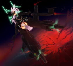  antennae bird_girl bird_tail cannon commentary_request female flying glasses gloves head_wings heidimarie_w._schnaufer highres hirschgeweih_antennas long_hair military military_uniform night oxygen_mask panties photoshop_(medium) red_eyes sky solo star_(sky) starry_sky strike_witches striker_unit tail underwear uniform white_hair wings world_witches_series yuukou 